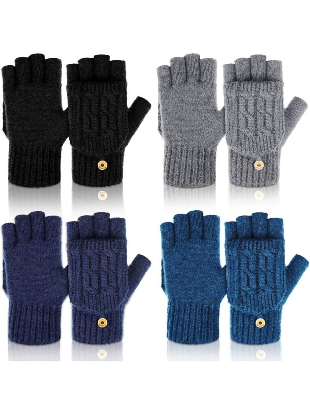 Cozy 4 Pairs Winter Fingerless Gloves with Mitten Cover - Warm Knit Wool Mittens